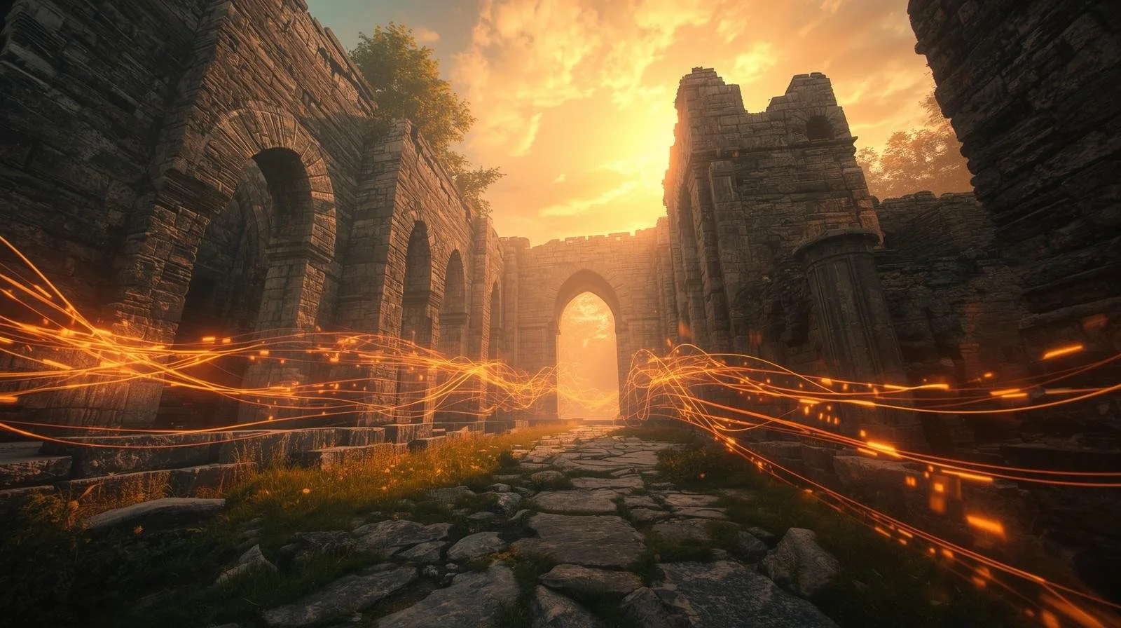 Ancient stone ruins with arches at sunset, orange glowing streaks of light crossing the scene, and a stone pathway leading to an archway in the distance.