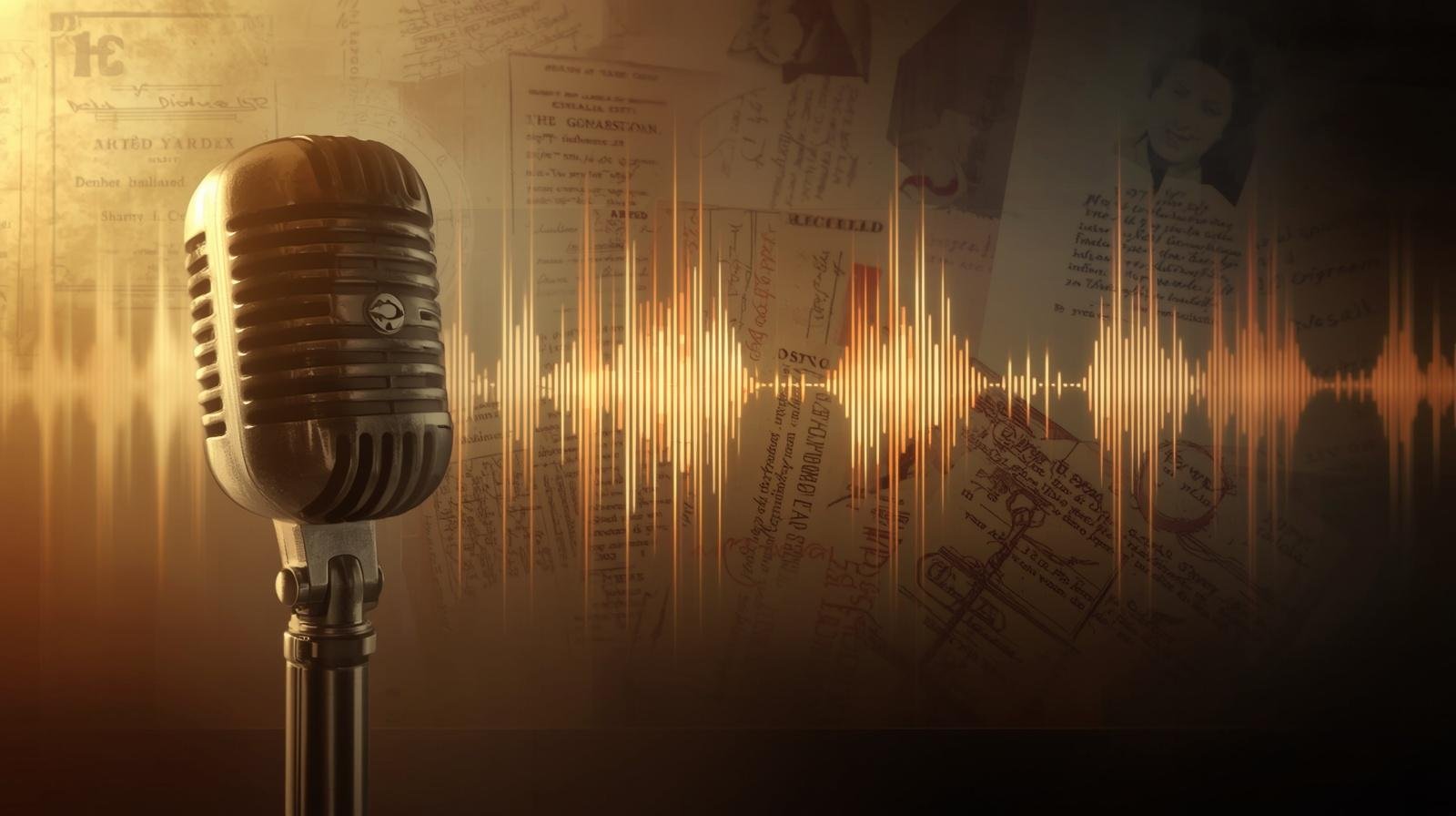 Vintage microphone in front of a background of audio waveforms and scattered old photographs and paper documents.