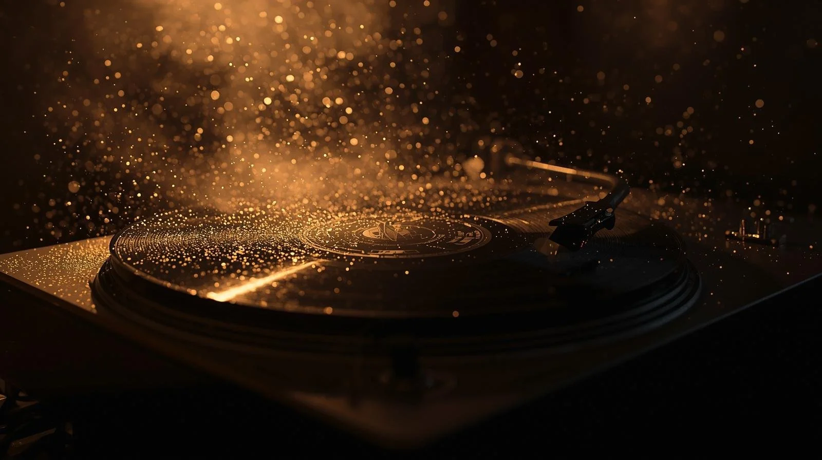 A close-up of a turntable with a stylus on a record, illuminated by warm golden light and particles creating a festive, sparkling effect.