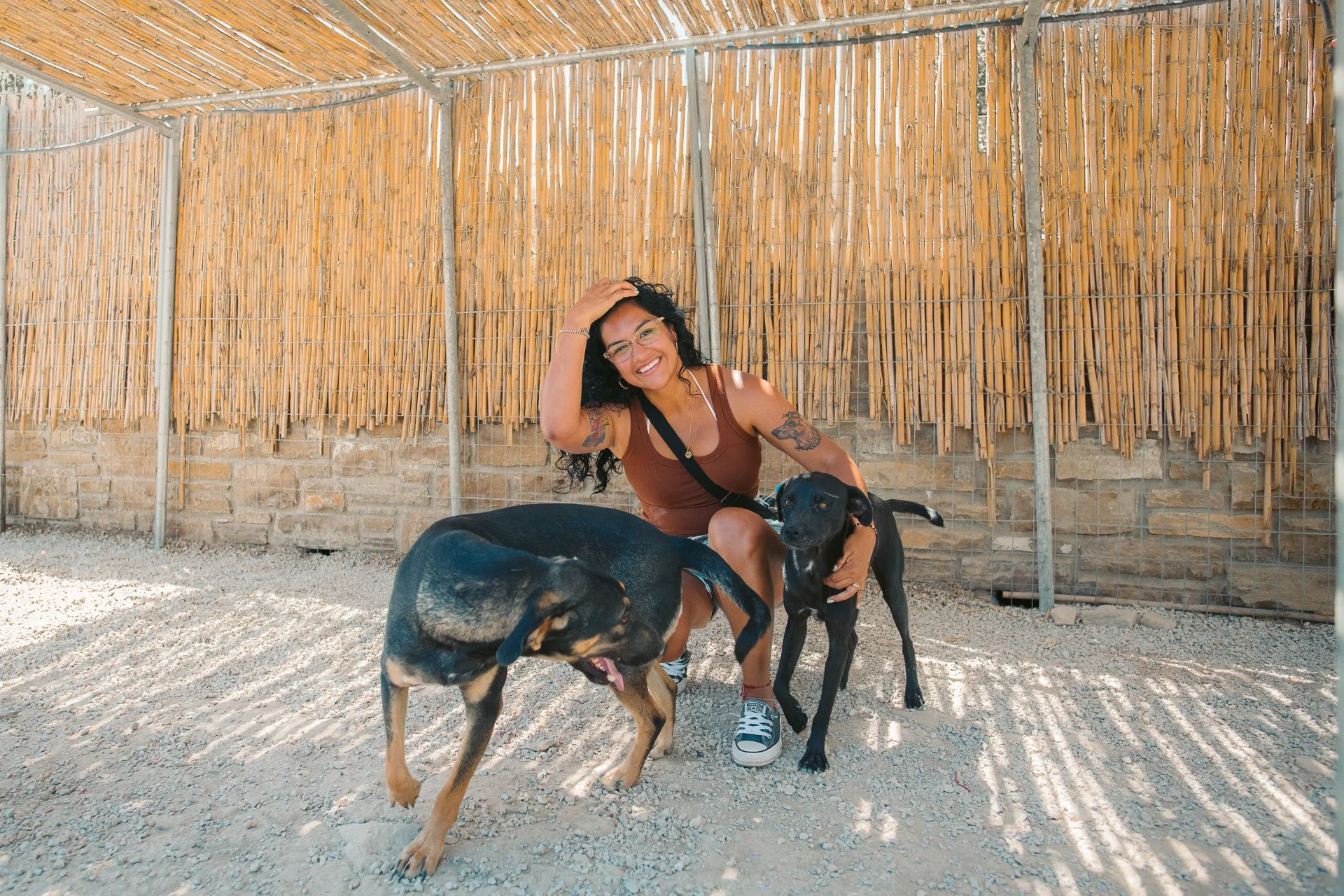 A woman with curly black hair, glasses, and tattoos sitting on the ground, smiling, holding a black and tan dog, surrounded by other dogs, in an outdoor area with a bamboo fence.