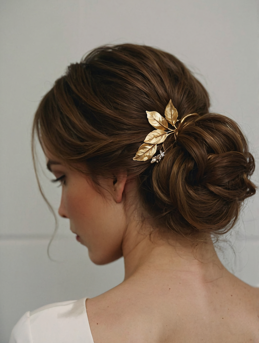 Side view of a woman with styled brown hair in an updo, decorated with a gold leaf hair accessory.