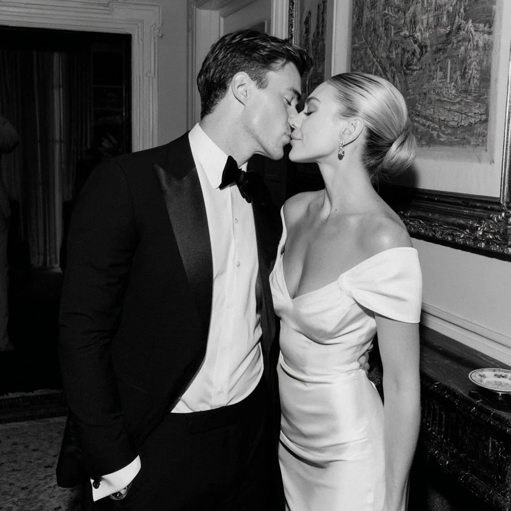 A black-and-white photo of a man and woman in formal attire sharing a kiss at a fancy indoor event.
