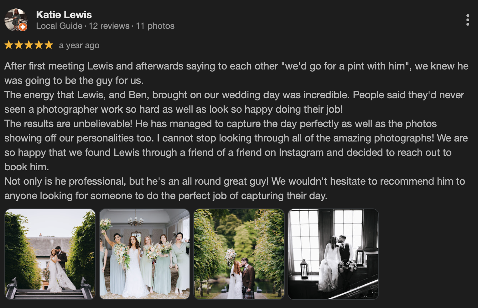 Collection of four photographs from a wedding, showing a bride and groom in various outdoor and indoor settings, including walking down steps through greenery, with bridesmaids, and standing by a window with a dog.