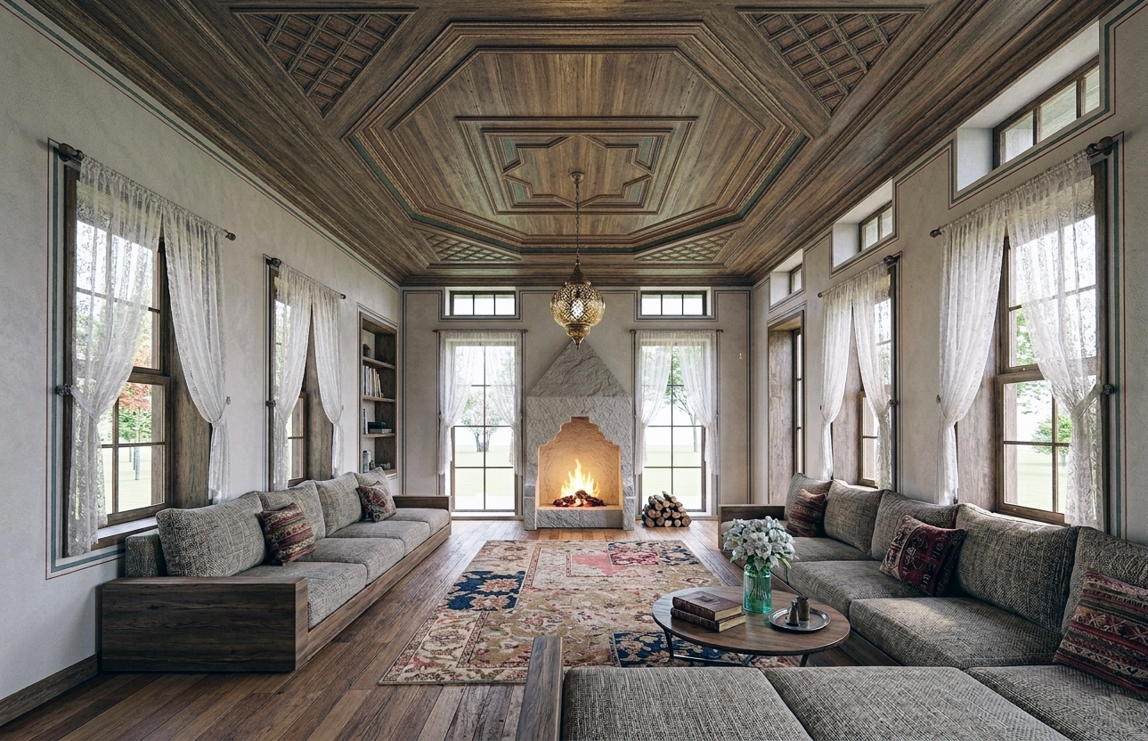 Spacious living room with large windows and white curtains, a central fireplace with a lit fire, wooden ceiling with geometric design, two long sofas with cushions, a round coffee table with books and flower vase, and a colorful area rug.