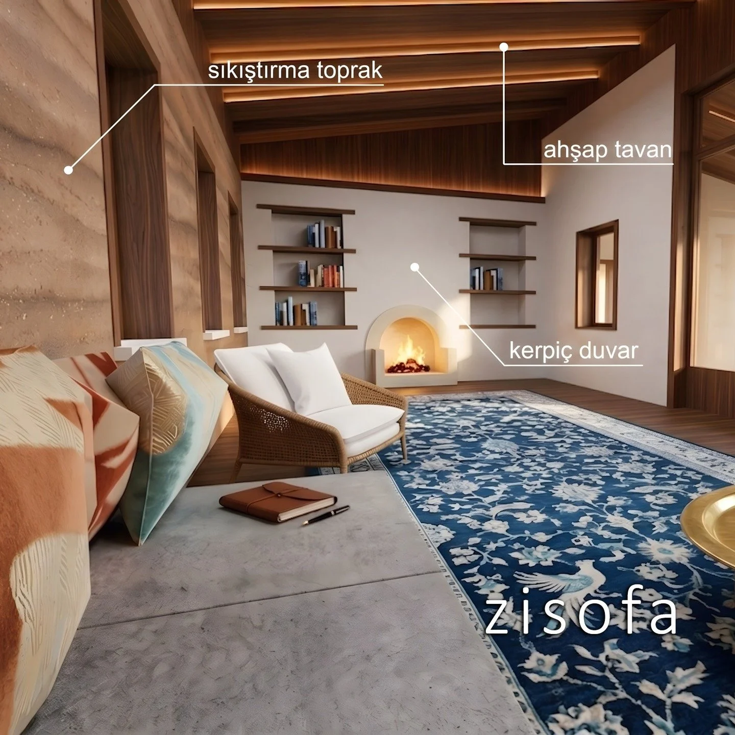 #Zisofa tasarımında, modern &ccedil;izgileri doğal dokularla harmanlıyoruz. Sıkıştırma toprak duvarların sıcaklığı, kerpicin nefes alan yapısı ve ahşabın zamansızlığı bir arada... ✨
Bu doğal malzemelerle inşa edilmiş huzurlu bir yaşam alanı hayal edi
