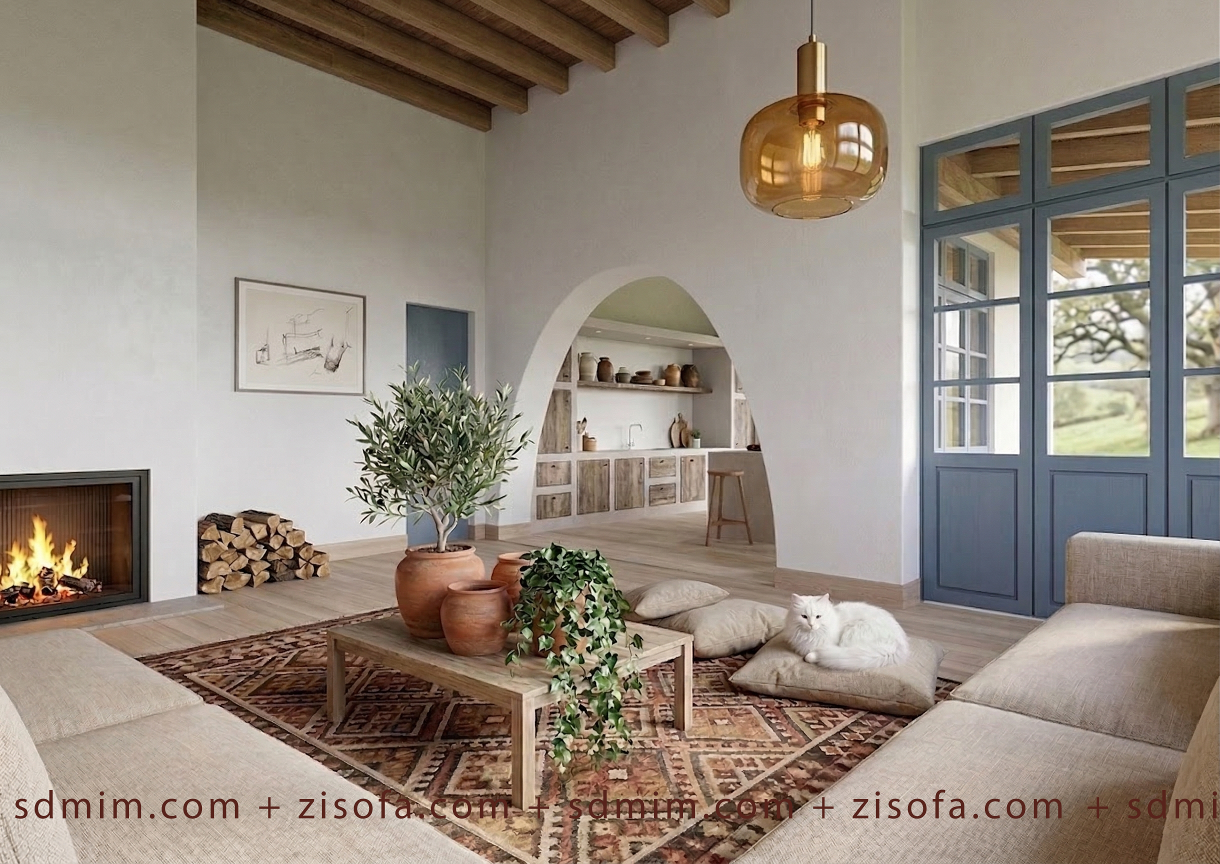 Living room with fireplace, beige sofas, wooden coffee table with potted plants, white cat on cushion, rug, large windows with blue framing, potted tree, and kitchen visible in the background.