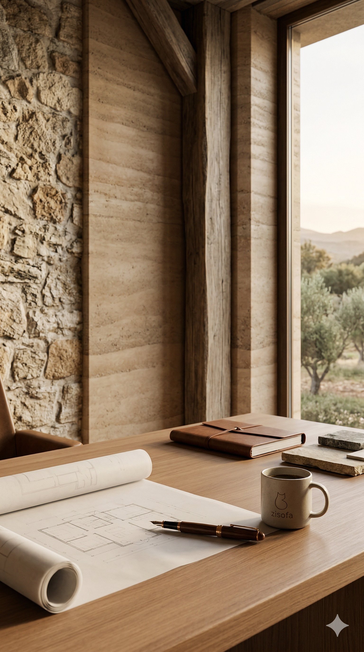 A wooden desk with architectural plans, a pen, a coffee mug labeled 'zisofa', a brown notebook, and some stone tiles. The desk is by a window with a view of trees and mountains.