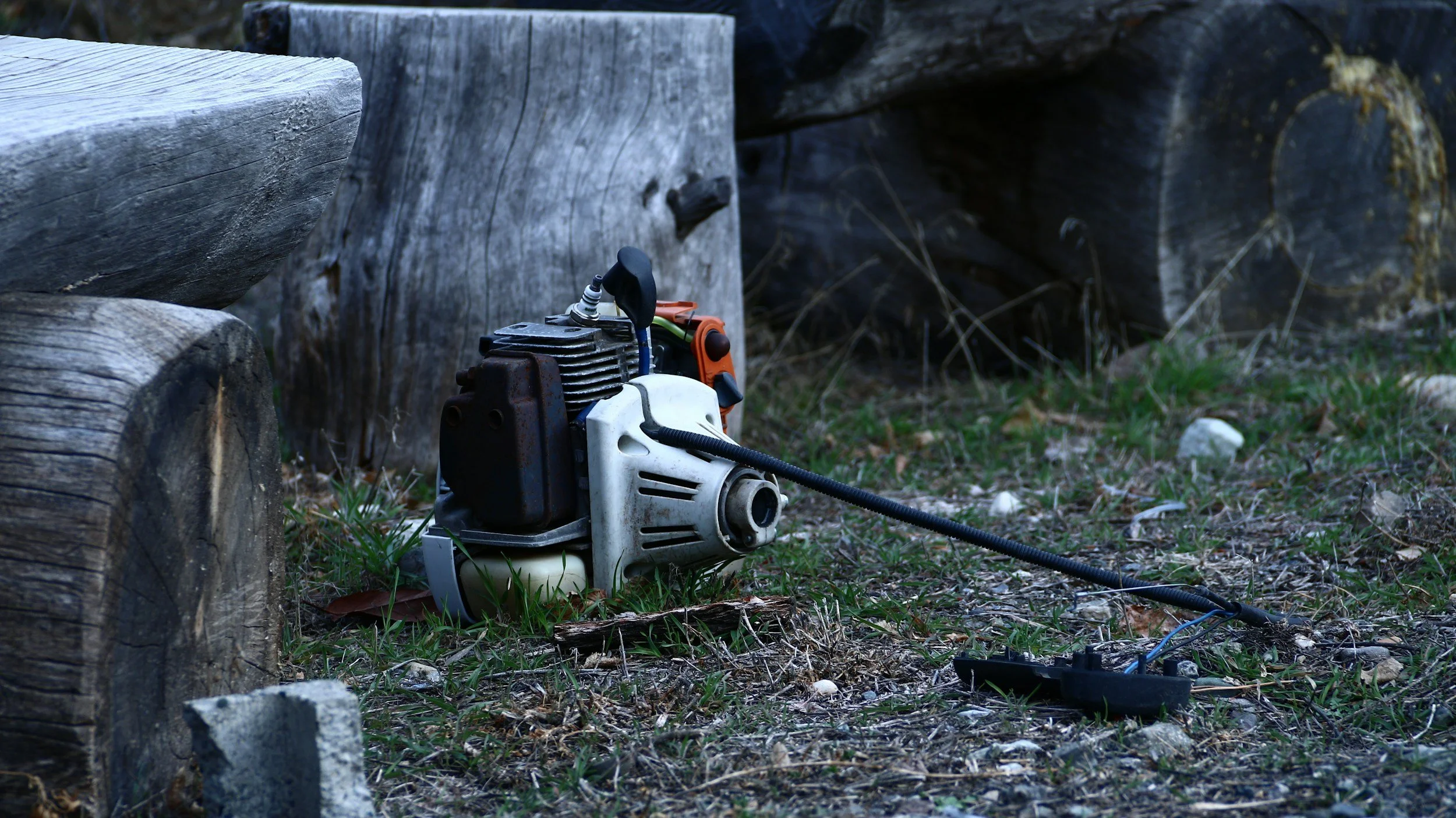 A chainsaw resting on the ground next to large, weathered cut logs outdoors.
