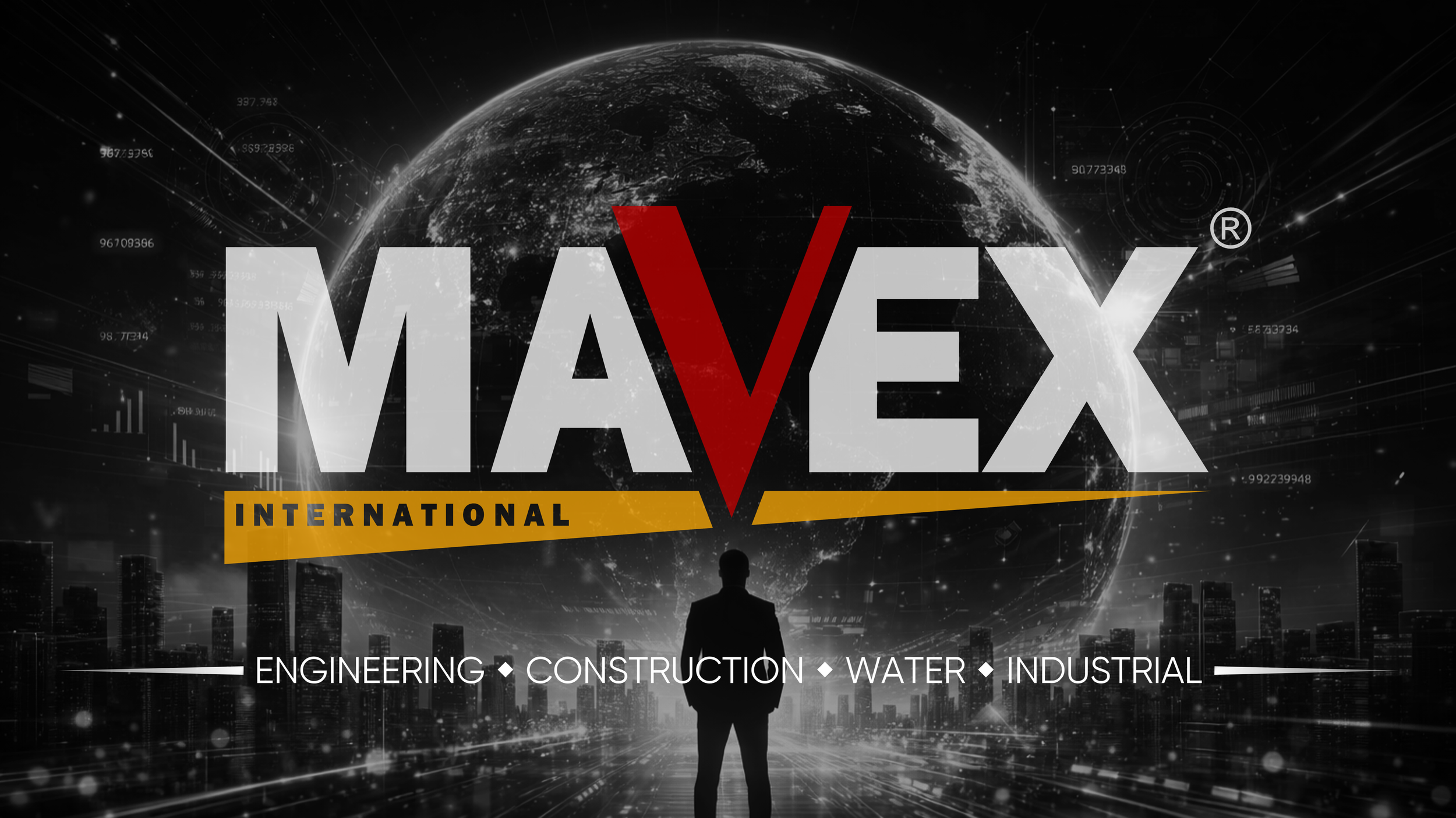 A person in a suit standing in front of a cityscape with holographic technological and global imagery, overlaid with the text 'MAVEX INTERNATIONAL' and categories 'Engineering, Construction, Water, Industrial'.
