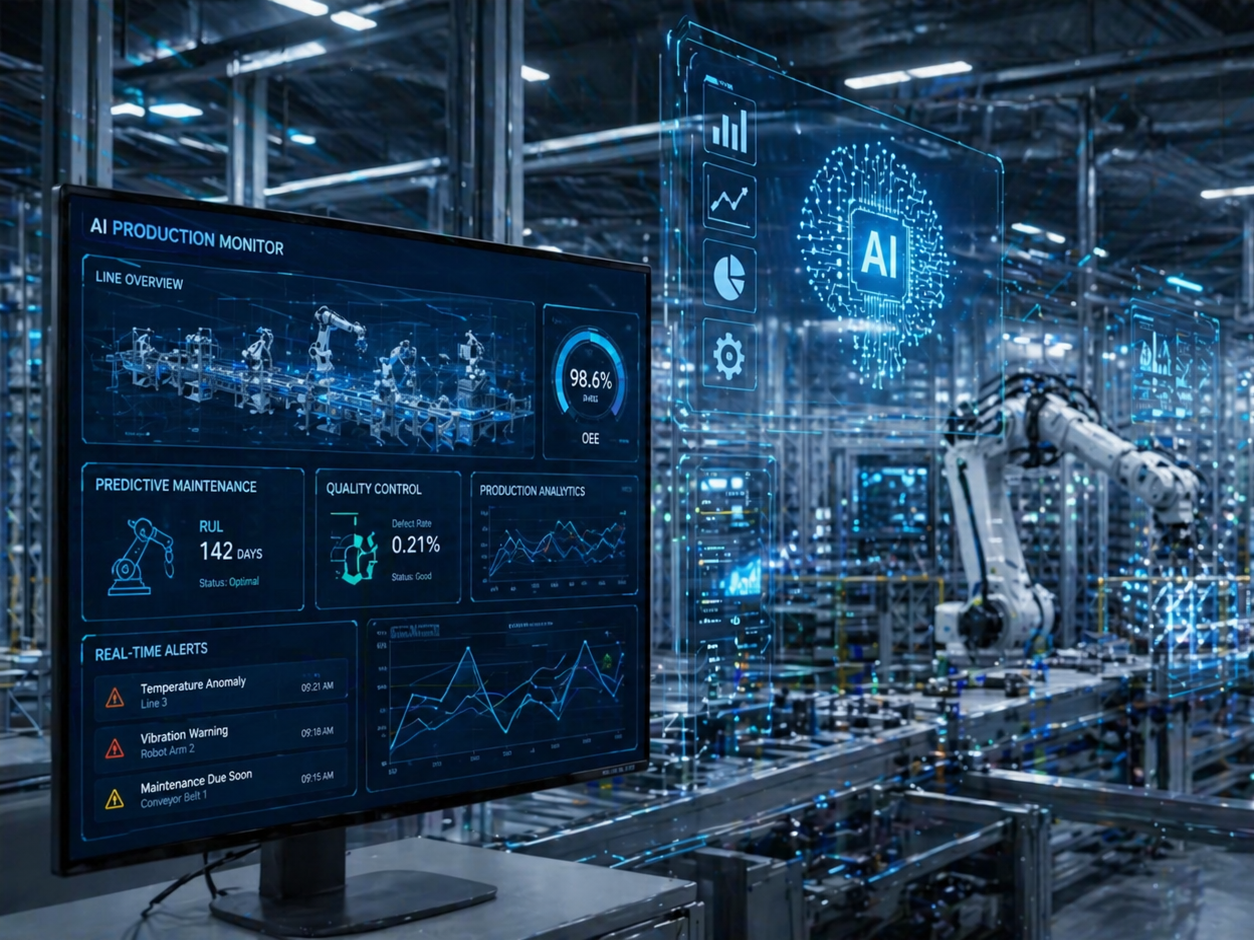 An operator's human machine interface displaying AI production metrics in an industrial plant with robotic arms and automated equipment.