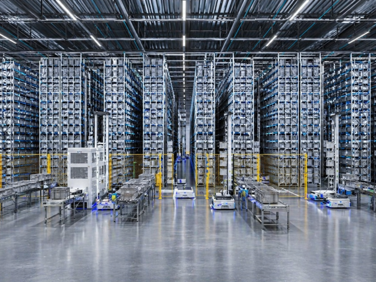 An automated warehouse with high shelves filled with numerous boxes, robotic carts moving along the floor, and a tidy, industrial environment.