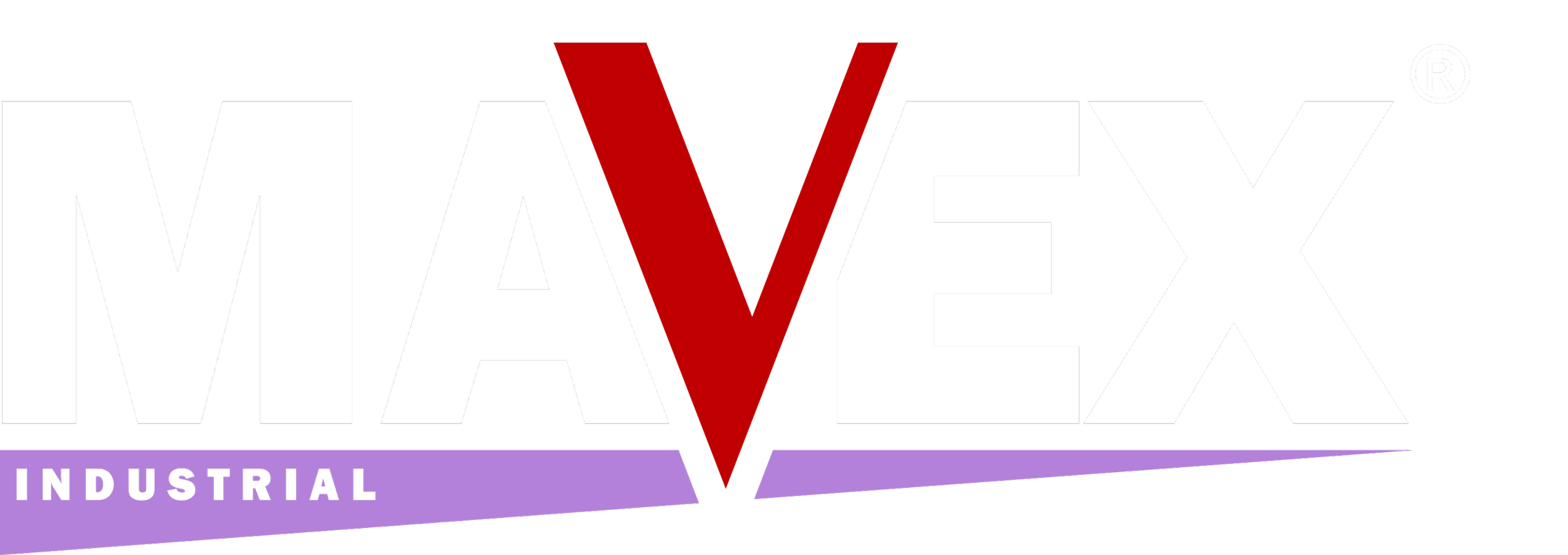 MAVEX Industrial logo with bold white and red text on a black background and a purple streak for the word industrial.
