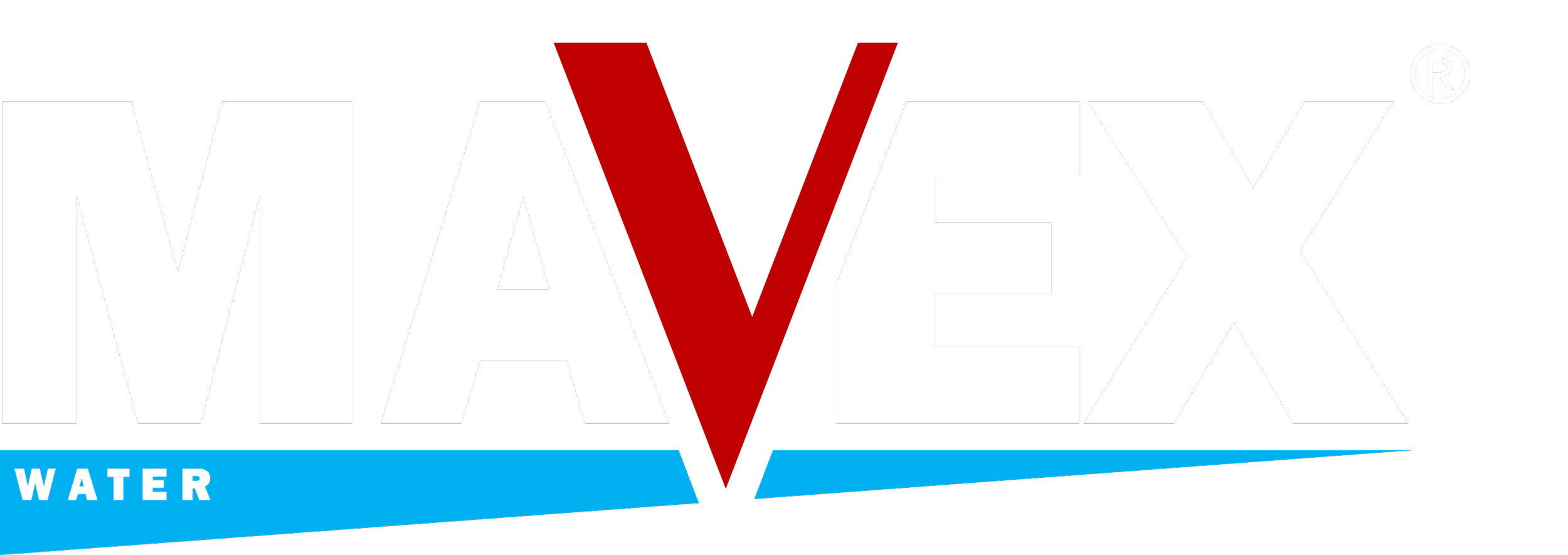 MAVEX Water logo with bold white and red text on a black background and a blue streak for the word water.