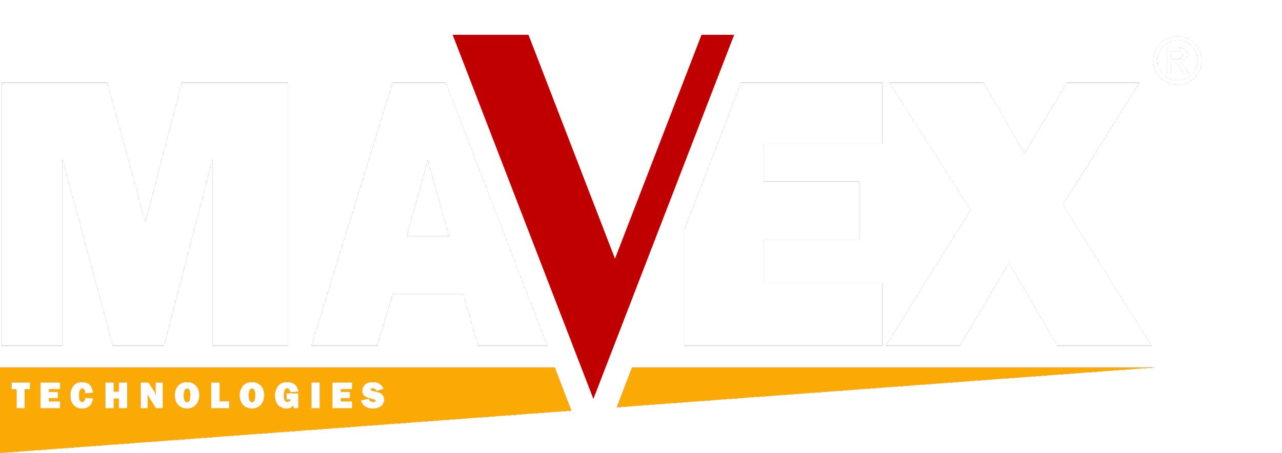 MAVEX Technologies logo with bold white and red text on a black background and a yellow streak for the word technologies.