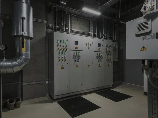 Electrical control panel with various switches and warning symbols in an industrial setting.