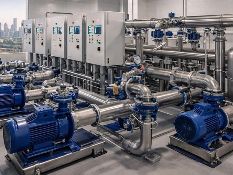 Industrial water pump system with multiple blue pumps, stainless steel pipes, gauges, and control panels in a modern facility.