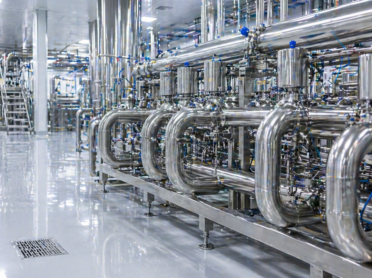 A complex array of shiny, stainless steel pipes and valves in an industrial setting, possibly part of a hygienically designed manufacturing or processing plant.