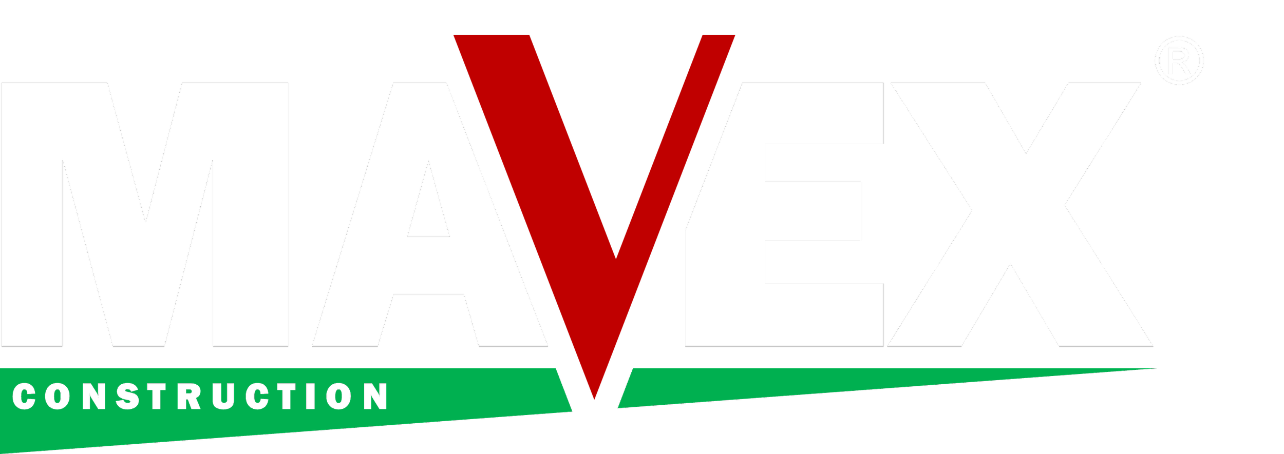 MAVEX Construction logo with bold white and red text on a black background and a green streak for the word construction.
