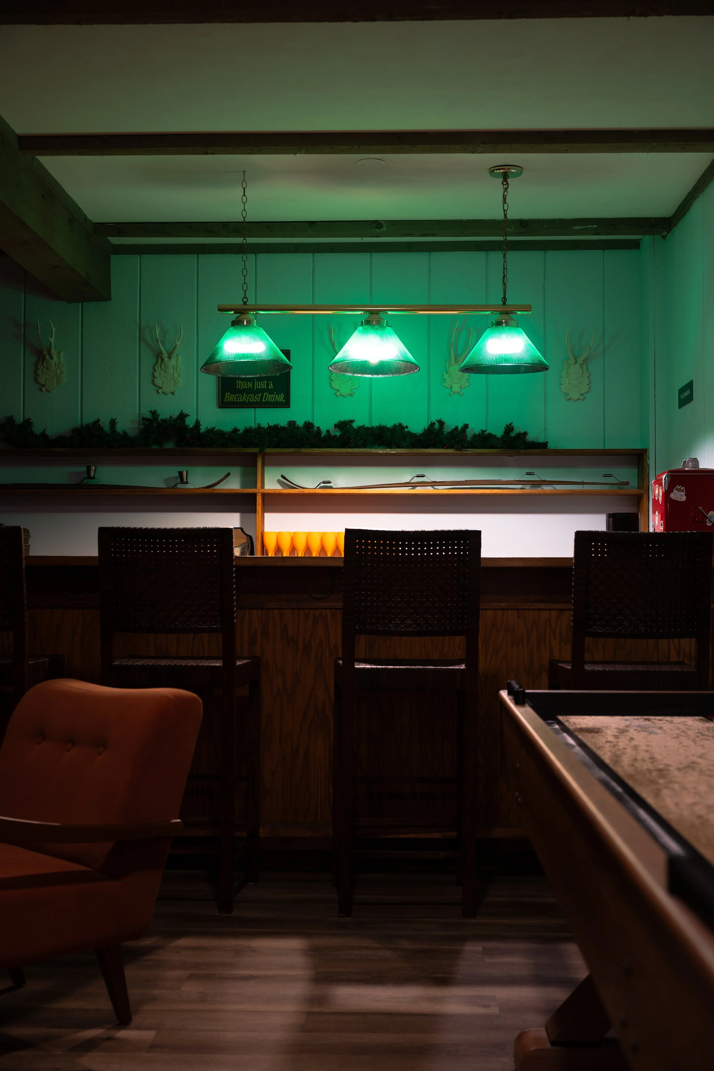 Interior of a dimly lit bar with wooden chairs, a green hanging light fixture, deer head wall decorations, a bar counter with beer glasses, and a shuffleboard table in the foreground.