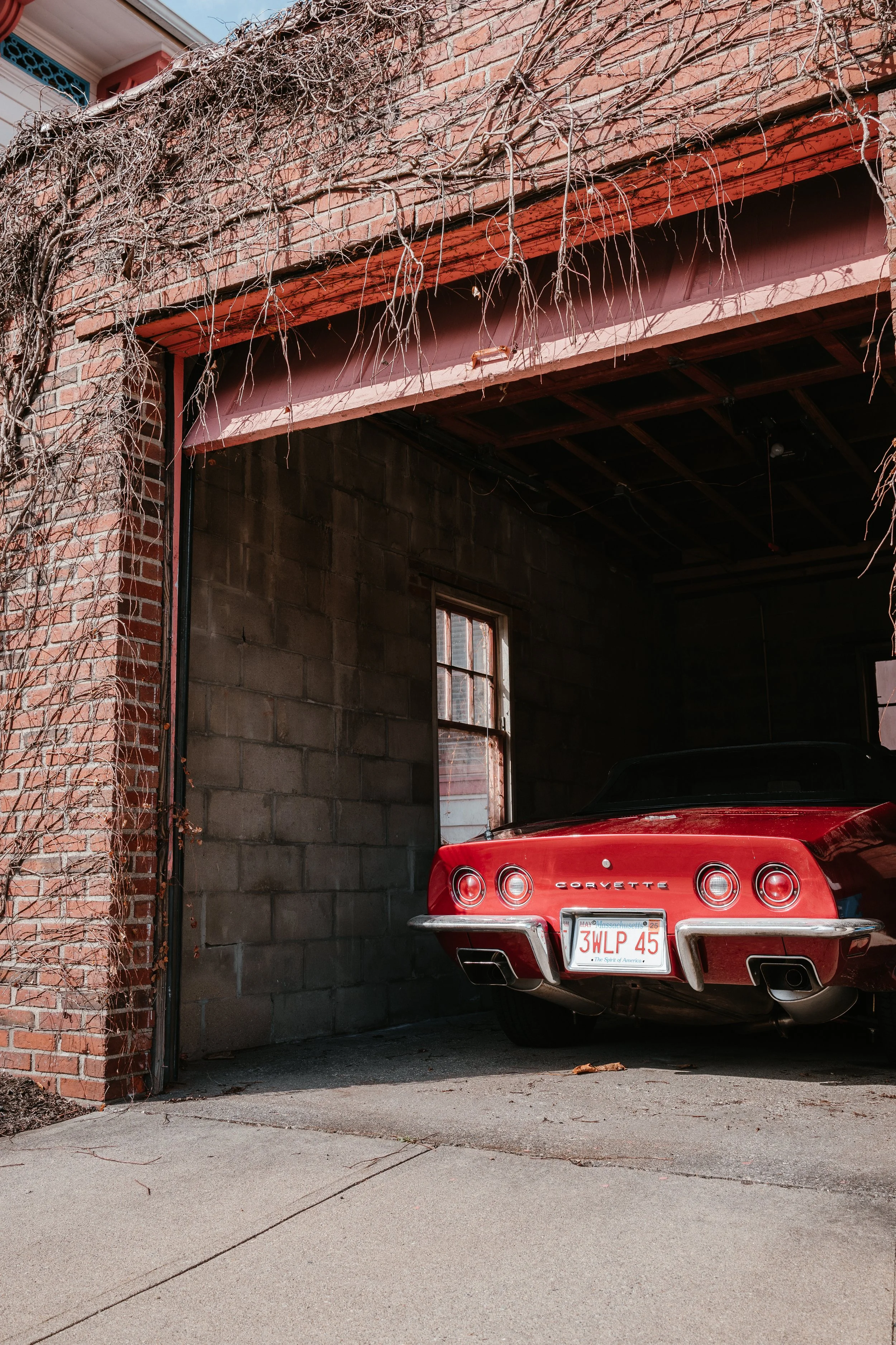 Red Chevrolet Corvette sports car parked in a garage with brick and concrete walls, window, and dry vines hanging from the ceiling.
