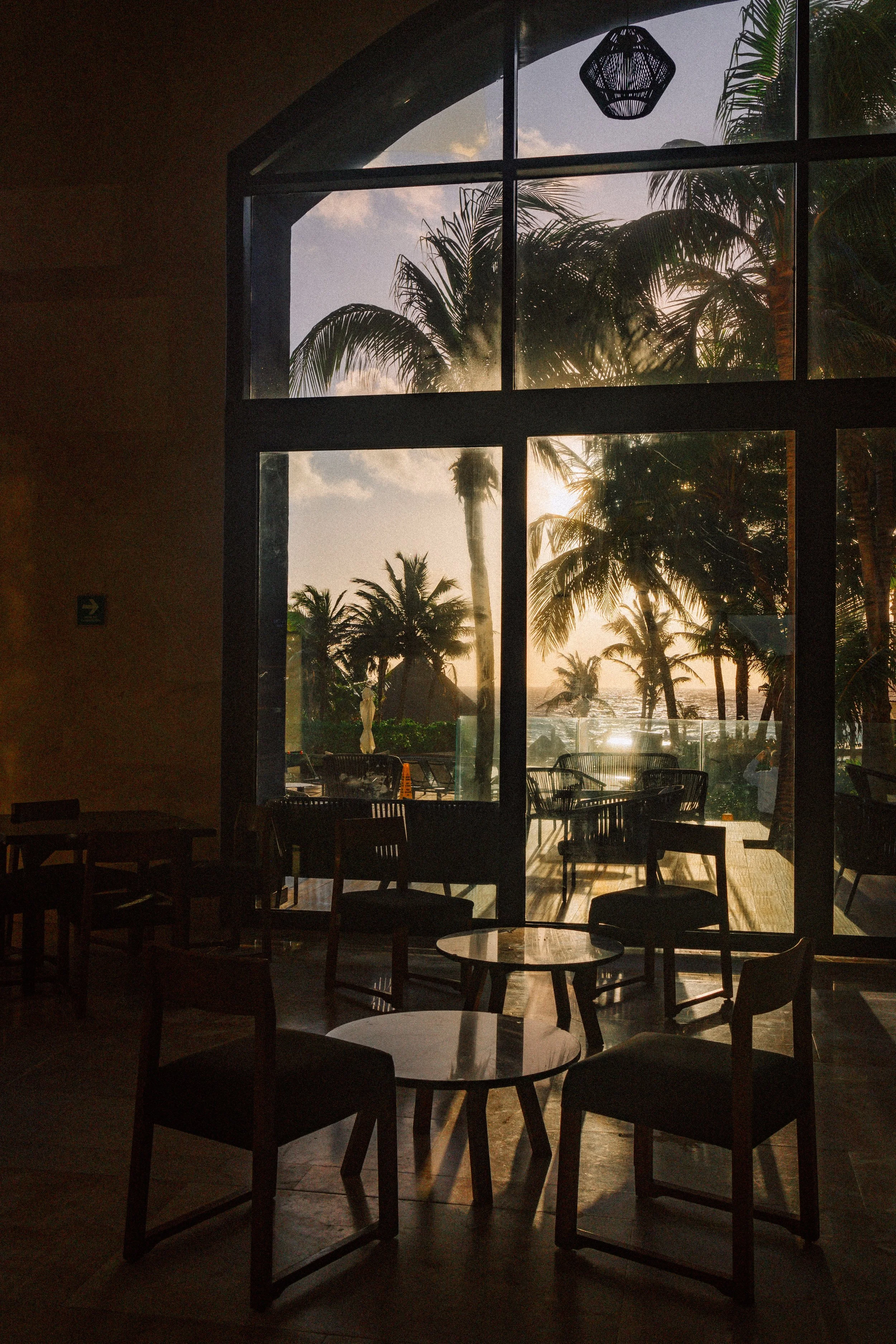 Interior of a restaurant or cafe with dark wooden tables and chairs, looking out through large glass windows at a tropical scene with palm trees and a sunset sky.
