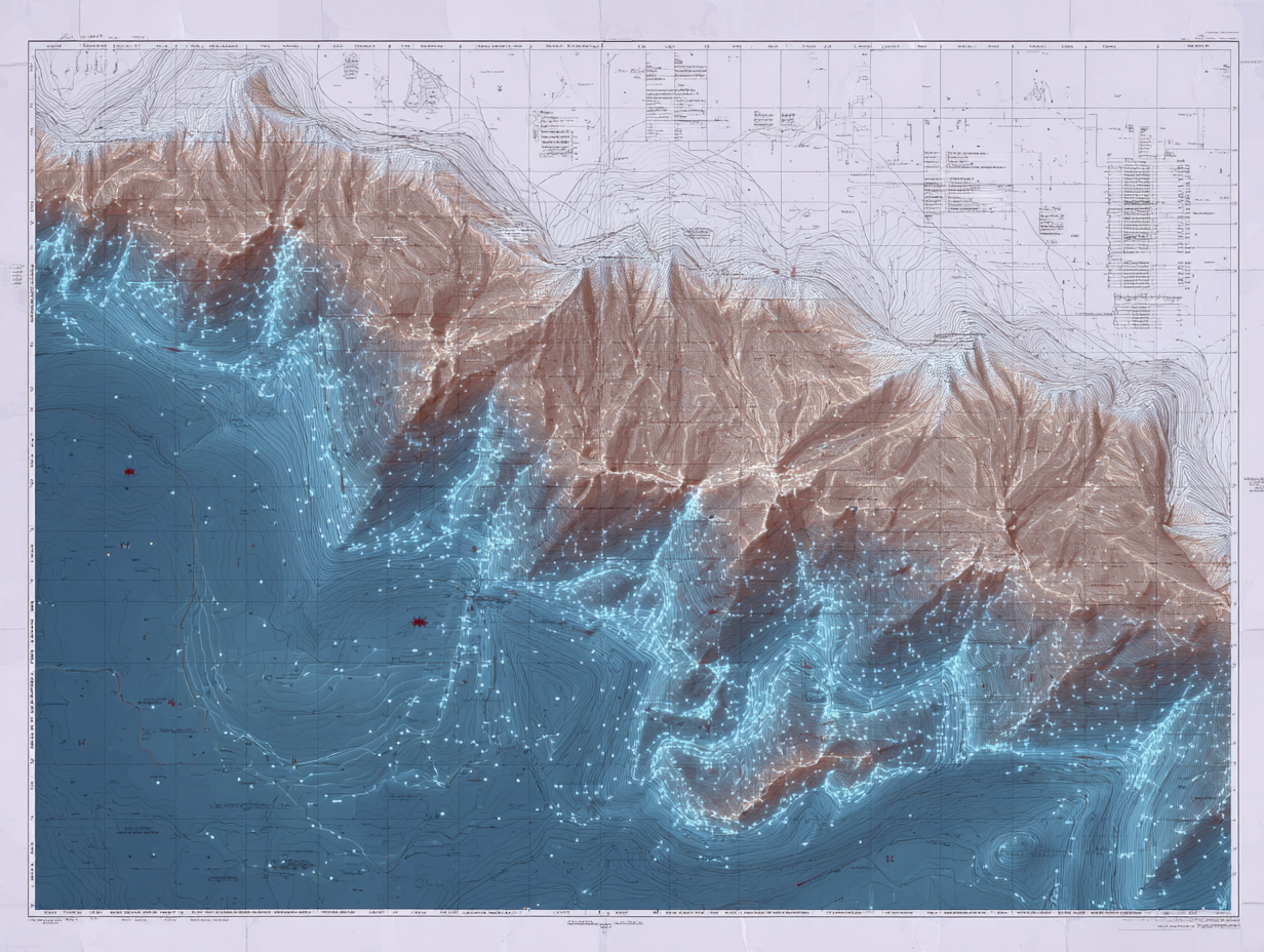 Topographic map of a coastal mountain range showing elevation, contour lines, and water depths with blue lights representing data points or navigational routes.