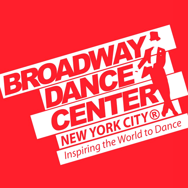 Red background with white text and a dancing figure silhouette for Broadway Dance Center, New York City, with the slogan "Inspiring the World to Dance."