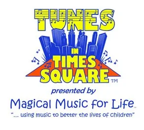 Logo for 'Tunes in Times Square,' presented by Magical Music for Life, featuring colorful text and a city skyline.