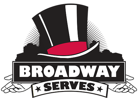 A stylized logo featuring a black top hat with a red band, with hands supporting a banner that reads 'Broadway Serves' in bold white letters.