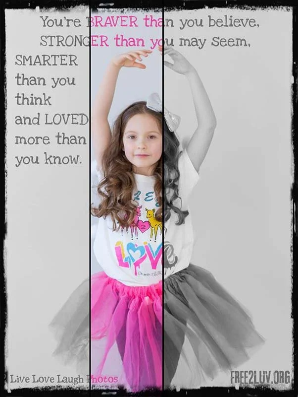 A young girl with long wavy hair wearing a white t-shirt with colorful designs and a pink tutu skirt, standing against a split-color background with motivational text, half in color and half in black and white.