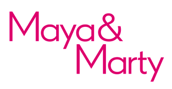 Text graphic saying 'Maya & Marty' in pink font on a white background.