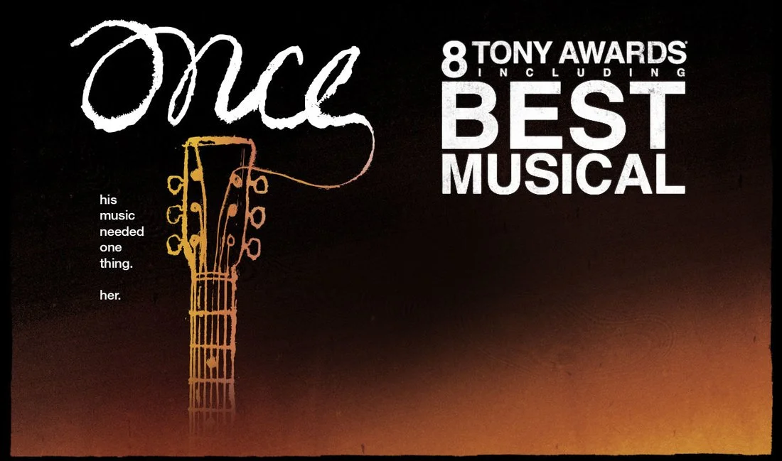 Poster for the musical 'Once' featuring a stylized guitar illustration and text highlighting 8 Tony Awards, including Best Musical, with a dark background and gradient orange glow.