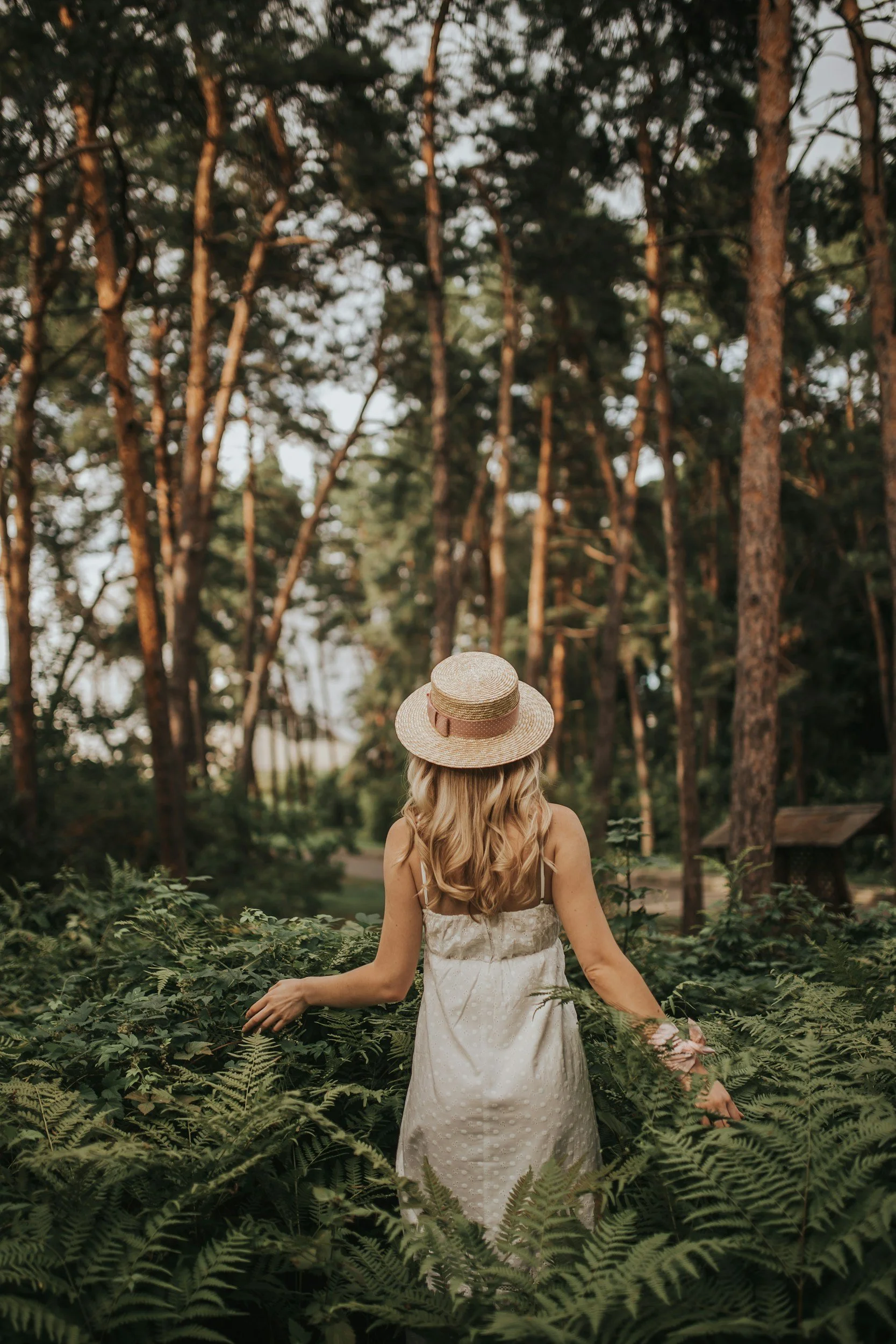 A woman wearing a straw hat and a white dress with lace details walking through a lush green forest with tall trees and ferns.