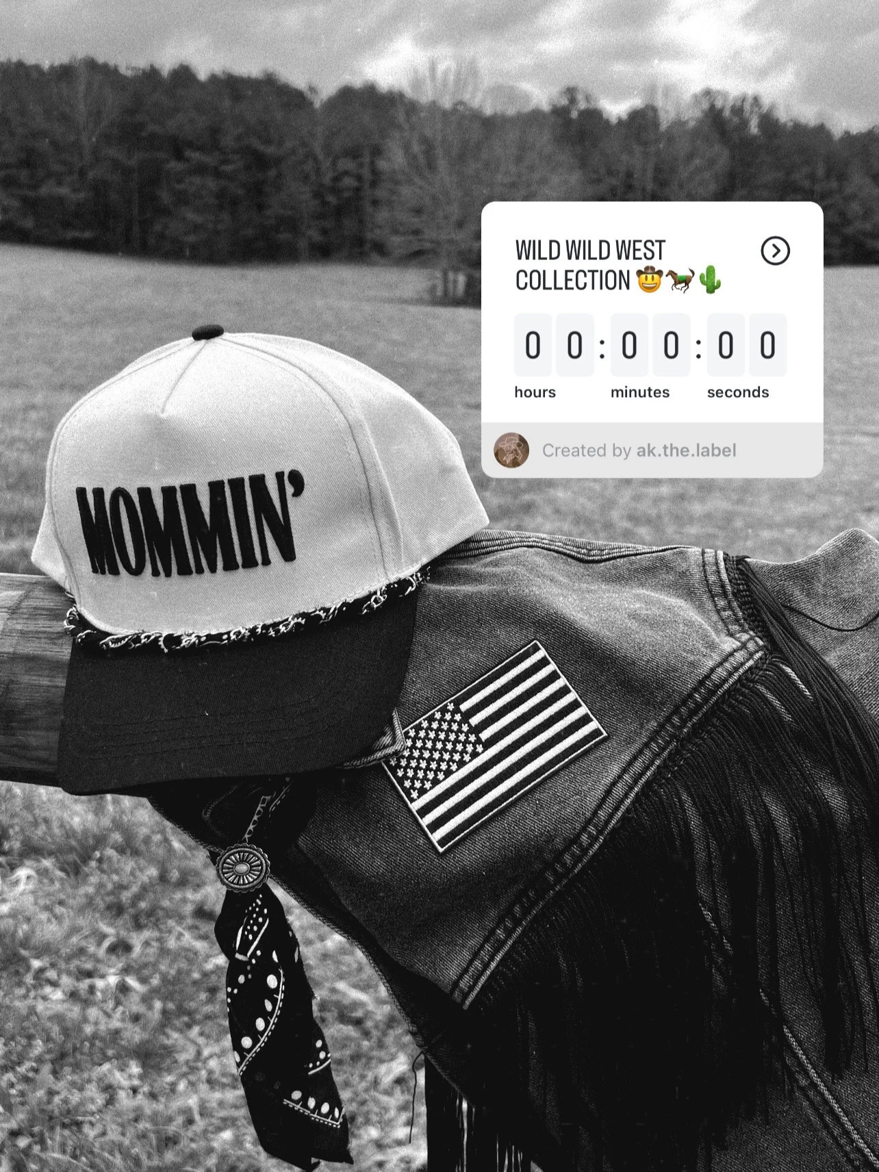 A black and white photo of a cap with the word 'HOMMIN'' on it, a bandana, an American flag patch, and a denim jacket with a patch of the American flag. In the background is a grassy field and trees. A timer overlay labeled 'Wild Wild West Collection