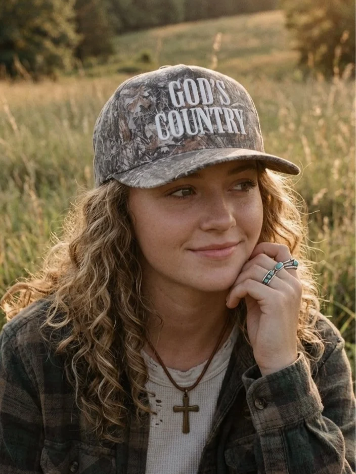 A young woman with curly blonde hair, wearing a camouflage baseball cap with 'God's Country' written on it, a necklace with a cross pendant, and a plaid shirt, is sitting outdoors in a field of tall grass during sunset.