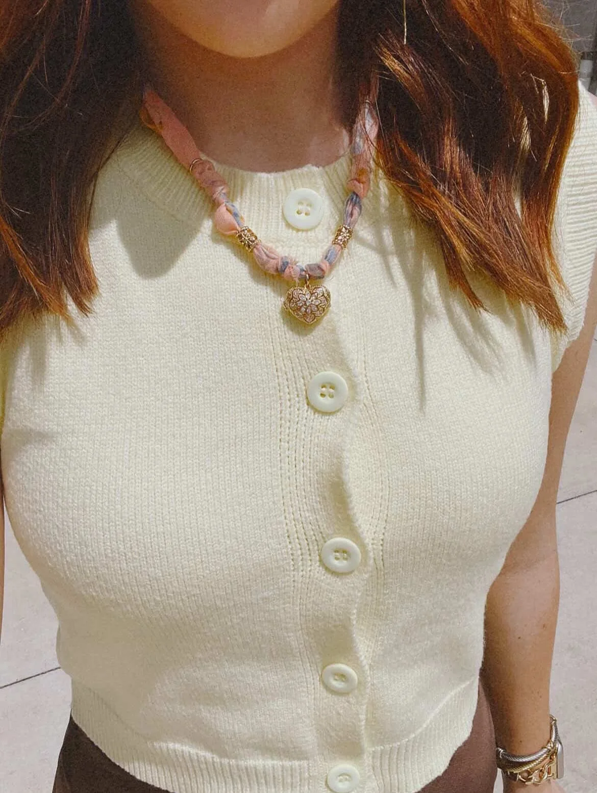 Just peachy over here 🍑🤭 Miss @k3ndallb in our Just Peachy Bandana Necklace &mdash; handmade, one of a kind &amp; made to be worn forever! 

Shop the collection through the link in our bio 🤍