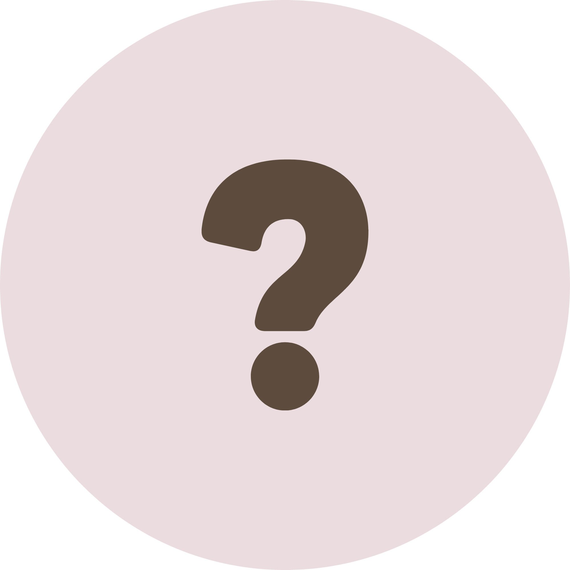 A large pink circle with a brown question mark in the center.