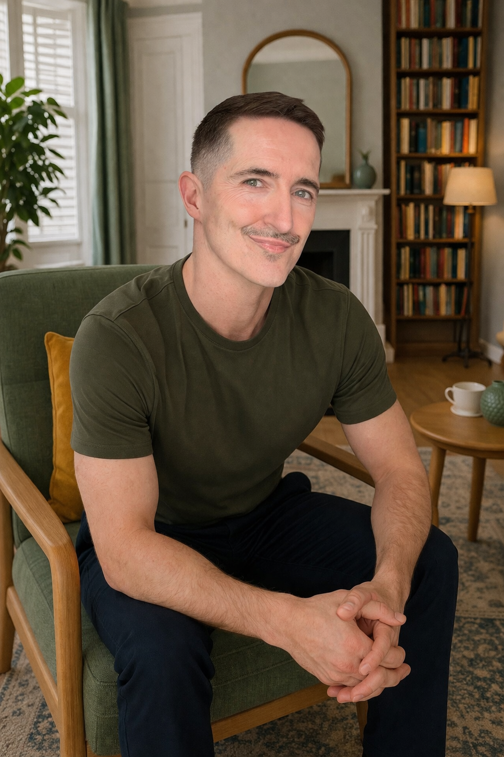 A man with short dark hair and a mustache is sitting on a green chair in a cozy living room, smiling at the camera. The room has a bookshelf, a fireplace with a mirror above it, a small wooden table with cups and vases, and a window with green curtains.