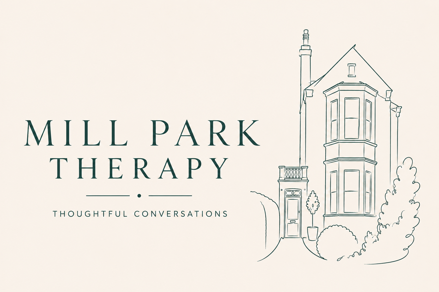 Logo for Mill Park Therapy with a simple line drawing of a house and greenery on the right side.