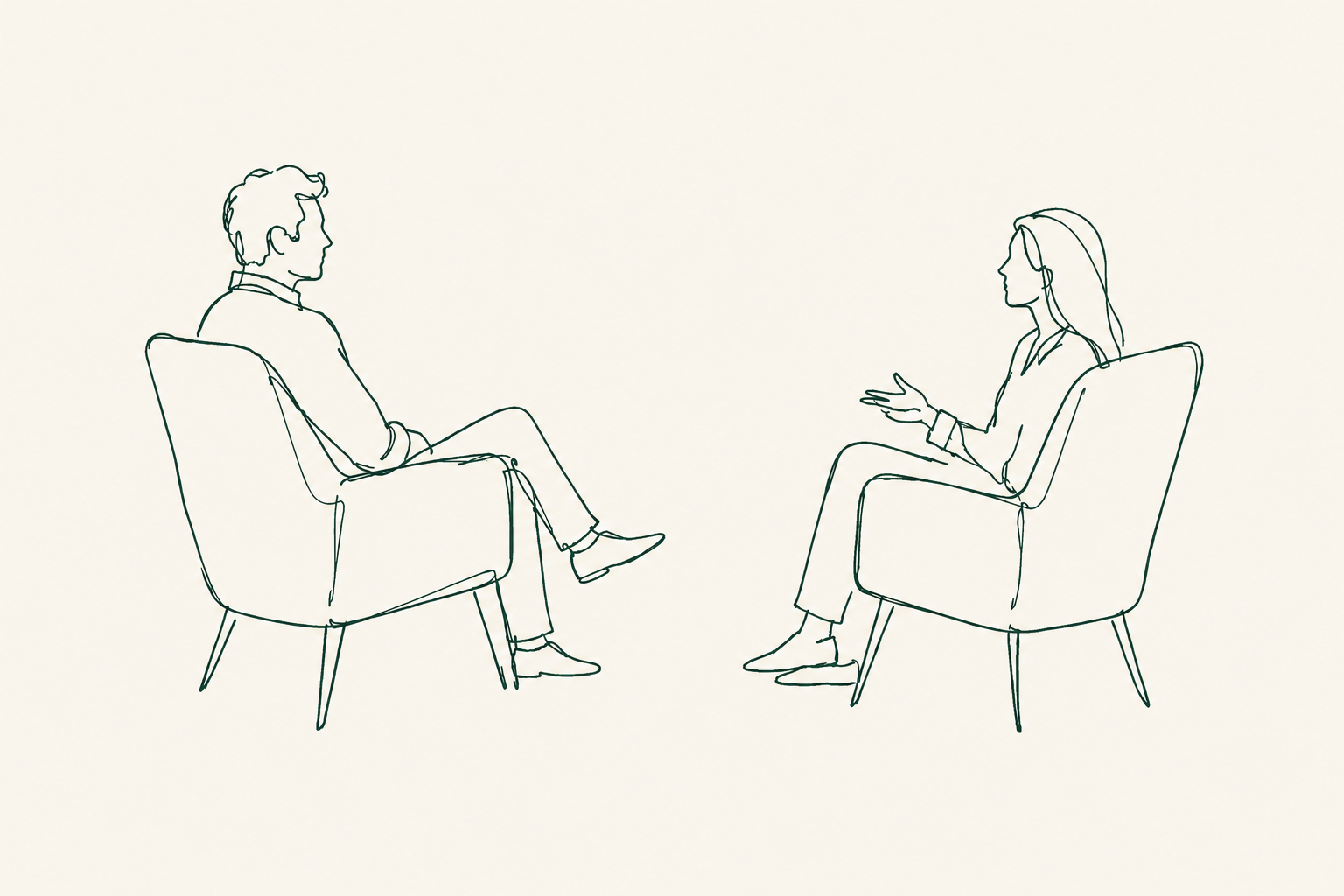 Line drawing of two people seated and having a conversation, one man and one woman, facing each other.