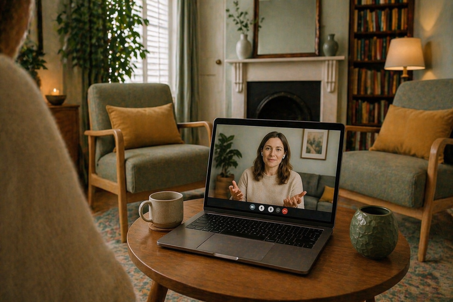 Person on video call in a cozy living room with a laptop, mug, and decorative vases on a round table.