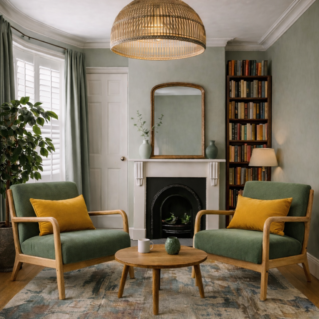Living room with two green armchairs with yellow pillows, a round wooden coffee table with a mug and a small potted plant, a white fireplace with a mirror and two vases, a tall bookshelf with books, a window with green curtains, a standing lamp, and a large pendant light hanging from the ceiling.