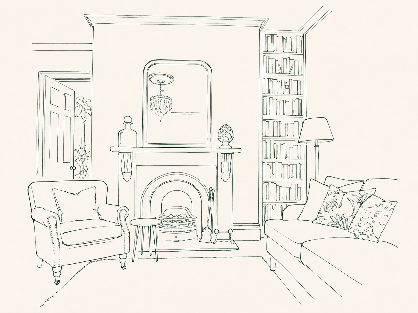 Line drawing of a cozy living room with a fireplace, armchair, sofa with pillows, floor lamp, and built-in bookshelf.