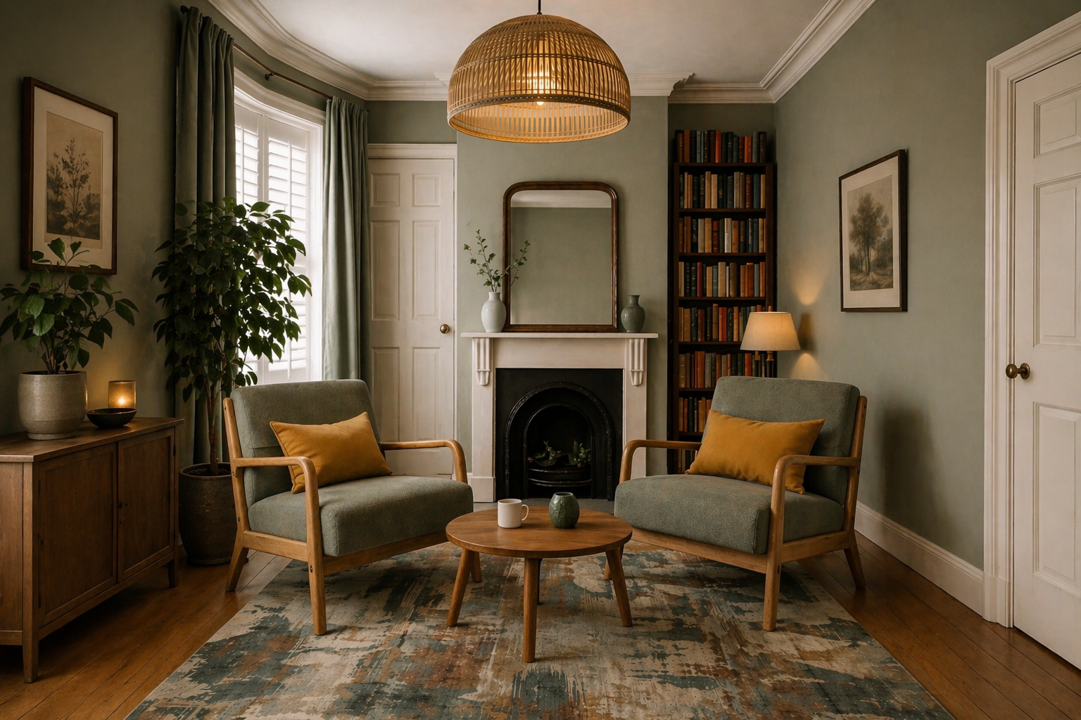 Living room with two green armchairs, a round wooden coffee table, a fireplace with a mirror and vases on the mantel, a tall bookshelf with books, a floor lamp, a large potted plant, framed artwork, window with shutters and curtains, and a patterned rug.