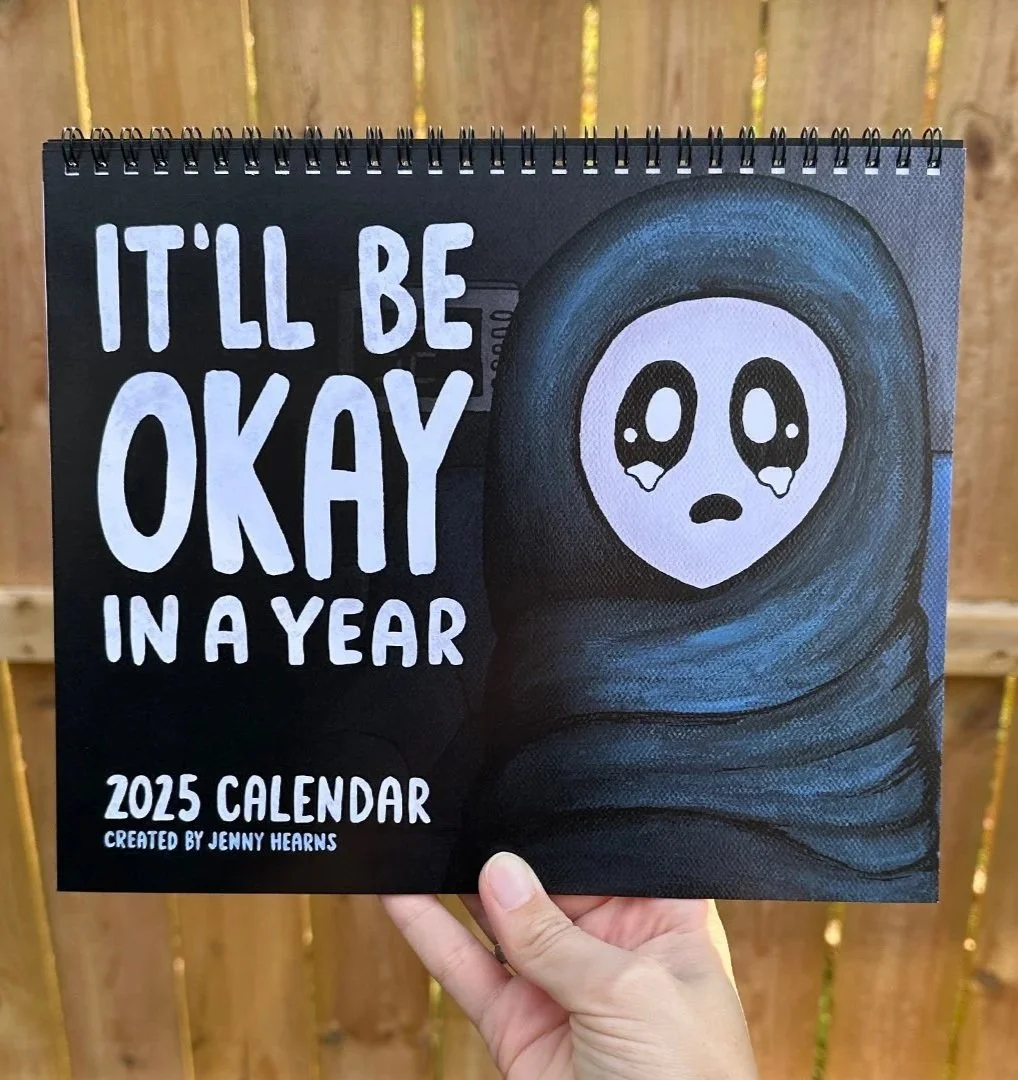 Image of a 2025 Calendar by Jenny Hearns, titled "It'll Be Okay In A Year," featuring sad ghost paintings.