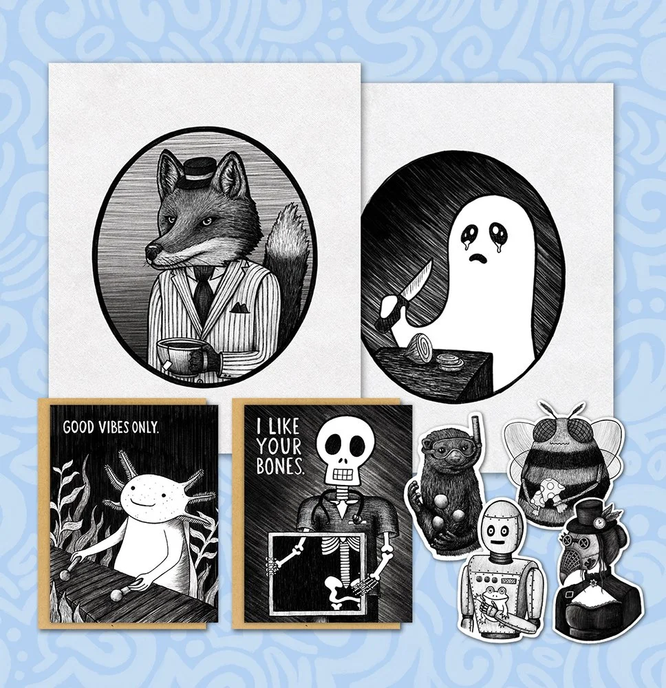 Image of Spooky products by Jenny Hearns, including art prints, greeting cards, and stickers.