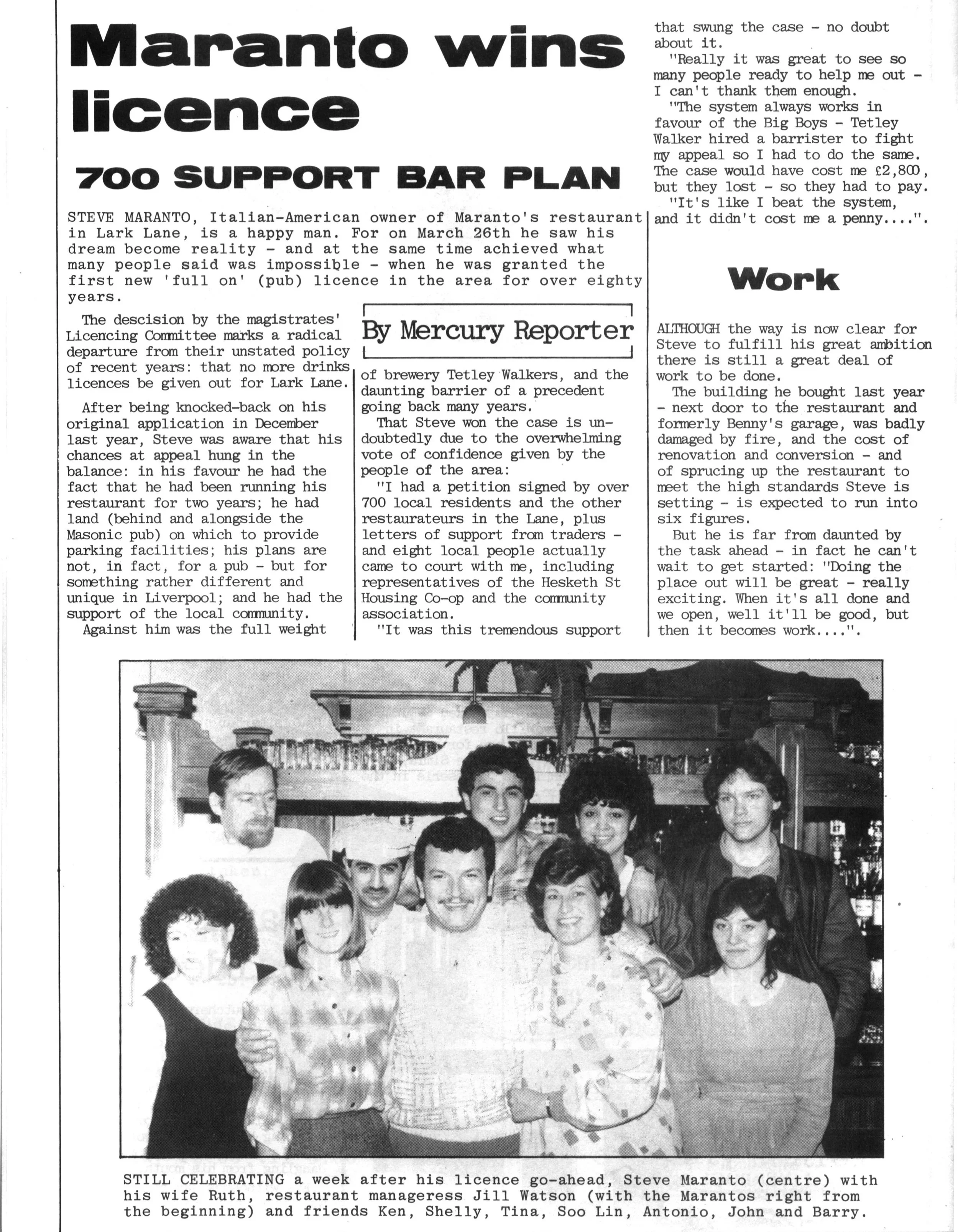 A black and white photo of a group of people gathered together, with some standing and some sitting. The group appears to be in a restaurant or similar setting. The description notes that it is taken a week after Steve Maranto received his license, and includes the names of individuals in the photo. The text above the image discusses Steve Maranto winning a license and the support he received.