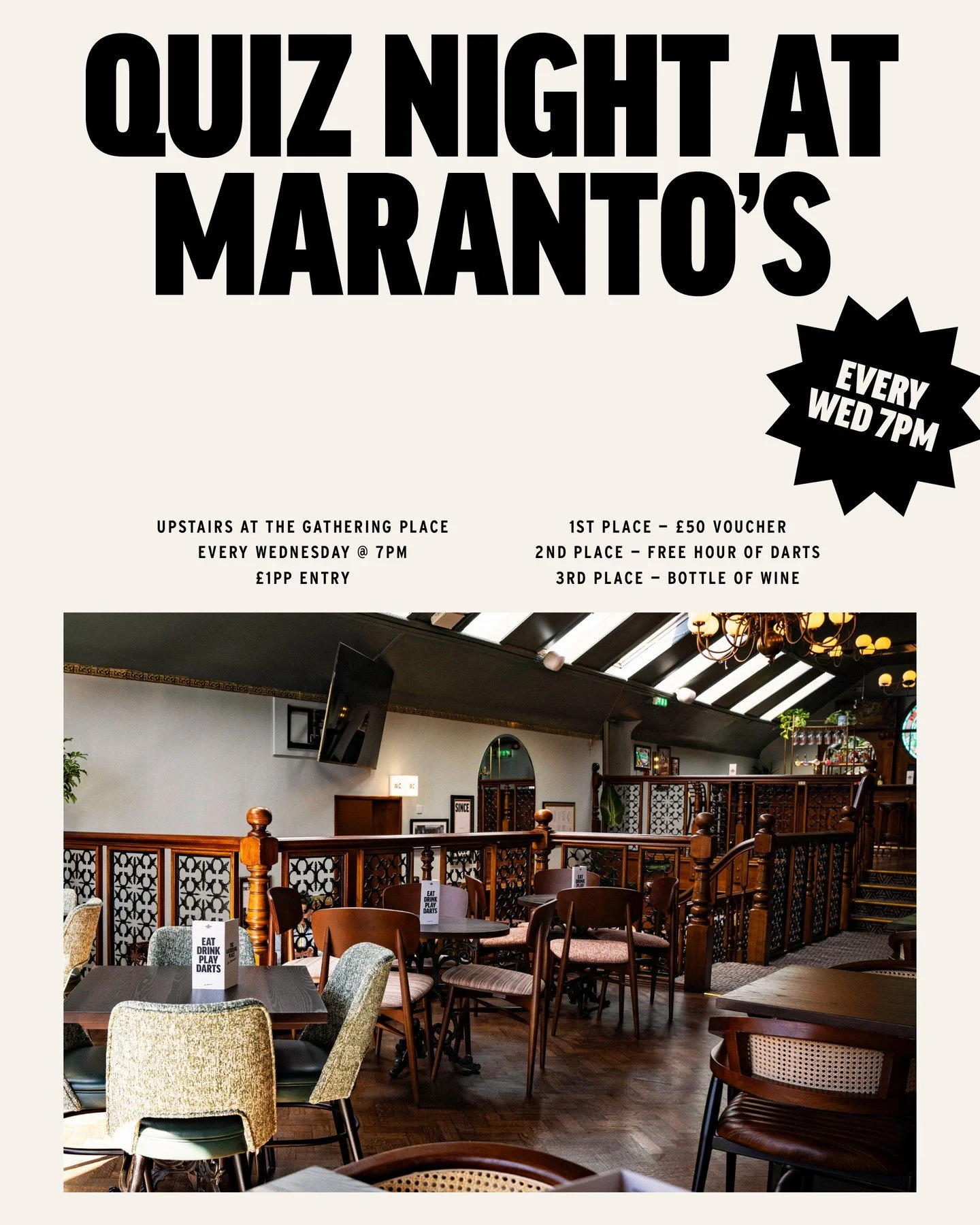 Quiz night at Maranto's with @sphinx_uk ⁠
⁠
Upstairs at @thegatheringplacelarklane⁠
⁠
🗓️ Every Wednesday⁠
🕖 7pm⁠
📱 Smartphone @speedquizzing⁠
🥇 &pound;50 voucher⁠
🥈 Free hour of darts⁠
🥉 Bottle of wine⁠
🪙 &pound;1pp entry⁠
⁠
#thegatheringplace