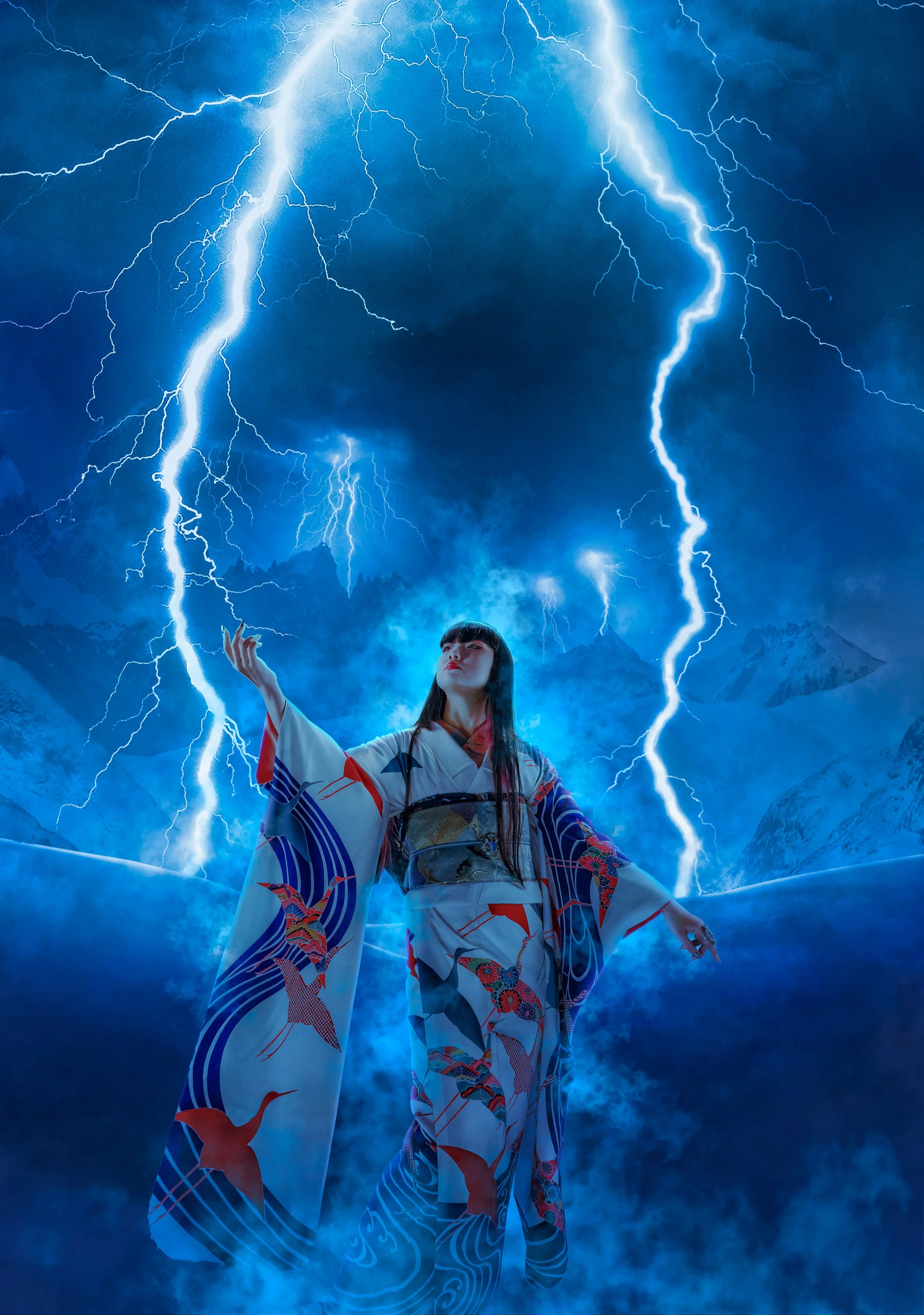 A woman dressed in a colorful traditional kimono standing on a bridge during a lightning storm over a mountain landscape at night.