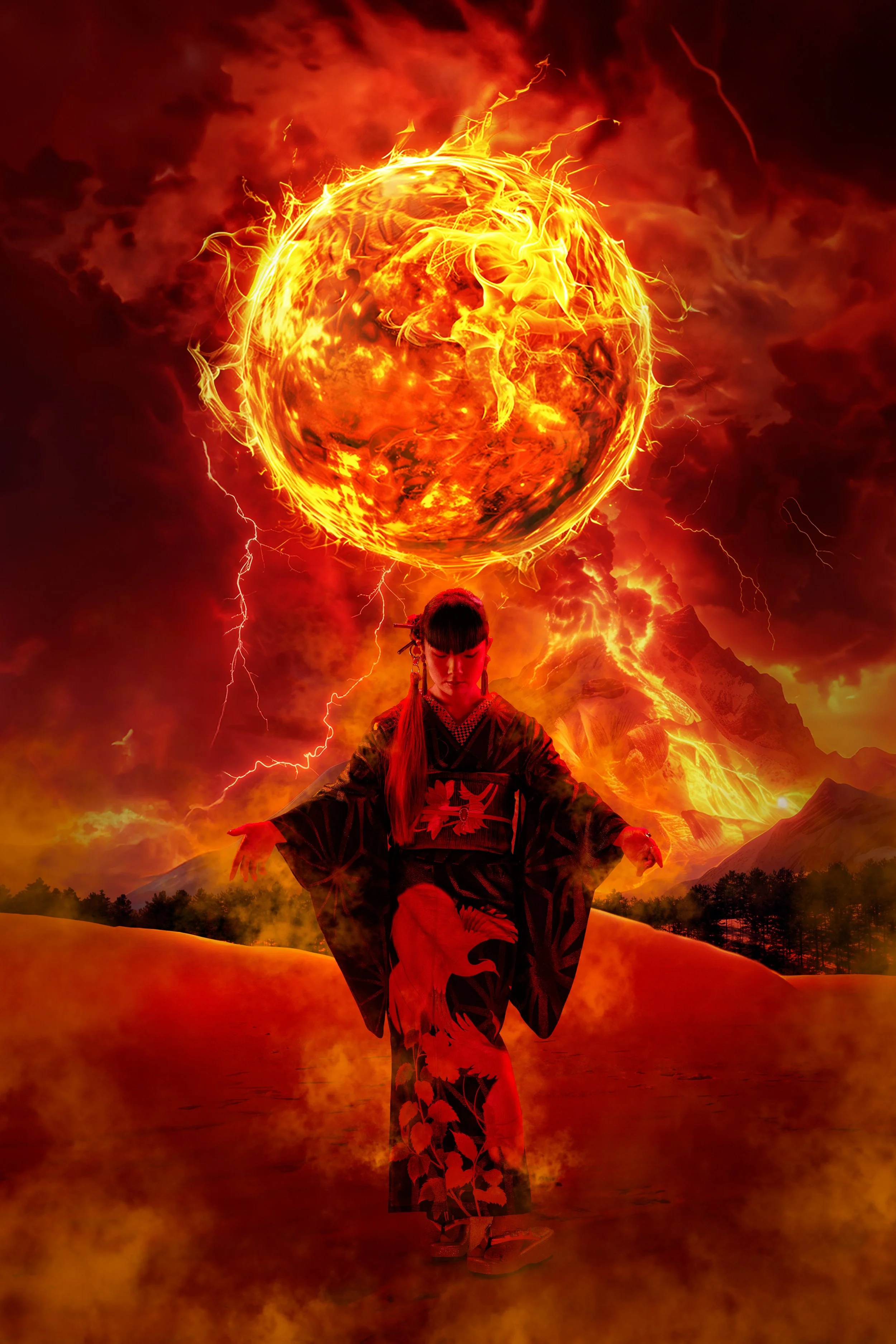 A woman dressed in traditional Japanese clothing walking in a fiery landscape with erupting volcanoes and lightning, with a large flaming Earth in the sky.